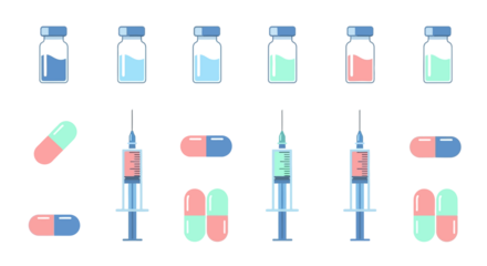 A vibrant collection of medical supplies featuring vials, syringes, and capsules in various colors, representing healthcare and treatment.