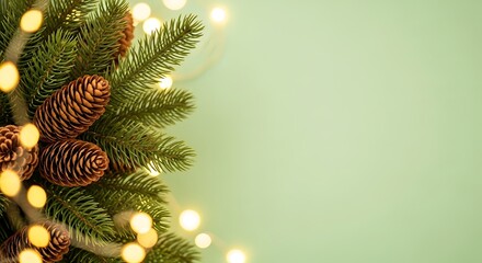 Festive pine branches with natural pinecones and warm glowing Christmas lights on a soft sage green holiday background