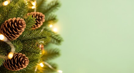 Festive pine branches with natural pinecones and warm glowing Christmas lights on a soft sage green holiday background