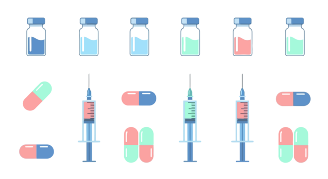 A vibrant collection of medical supplies featuring vials, syringes, and capsules in various colors, representing healthcare and treatment.