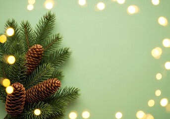 Festive pine branches with natural pinecones and warm glowing Christmas lights on a soft sage green holiday background