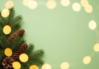 Festive pine branches with natural pinecones and warm glowing Christmas lights on a soft sage green holiday background