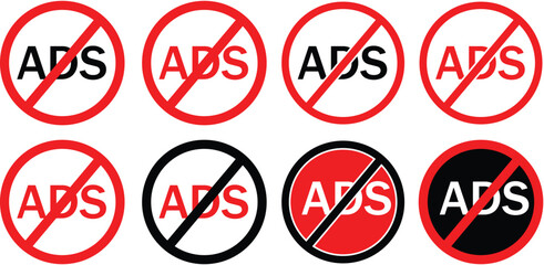 No Ads Icon Vector Art. No ad blocker icon set with red and black color.