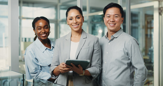 Happy, tablet and portrait of business people in office with teamwork for finance project. Smile, digital technology and professional manager with financial advisors for about us in workplace. - Powered by Adobe
