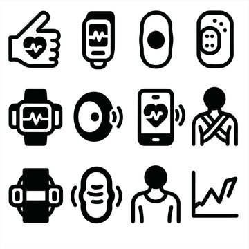 Health Device Icons. Health Monitoring Devices silhouette icon set: pulse sensor, blood oxygen meter, body temperature patch, sweat sensor, ECG device, motion sensor, connected