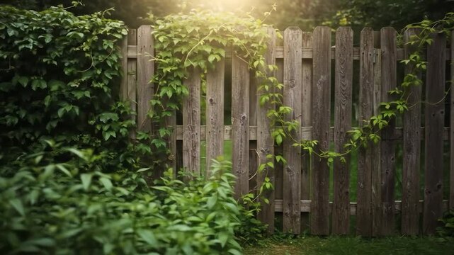 Overgrown wooden garden gate bathed in soft sunlight