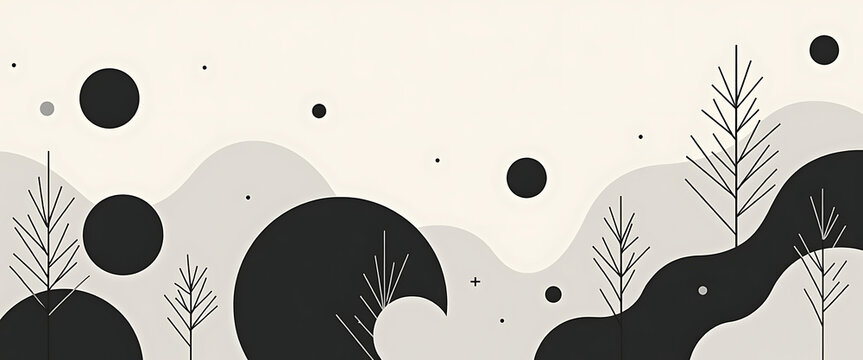 Abstract minimalist winter landscape with geometric shapes and stylized trees