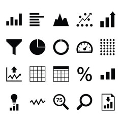 Black and white vector set of icons for web design including business symbols like chart, map, hotel, and car pictograms