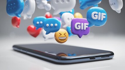 Smartphone displaying colorful 3D chat bubbles, emojis, and GIF icons floating above screen, symbolizing digital communication, social media interaction, and modern technology online communication - Powered by Adobe