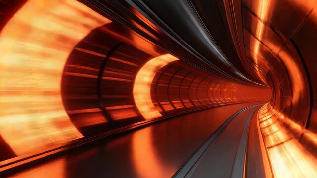 Futuristic tunnel traveling at high speed with orange light