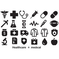 Fototapeta premium Healthcare and medical icons set in black and white representing medical equipment and professionals