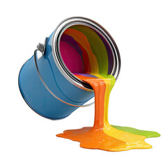 Tilted blue pail with bright multicolored paint spilling out