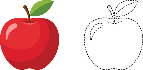Cartoon red apple next to a dotted tracing line for educational coloring book activities isolated on white