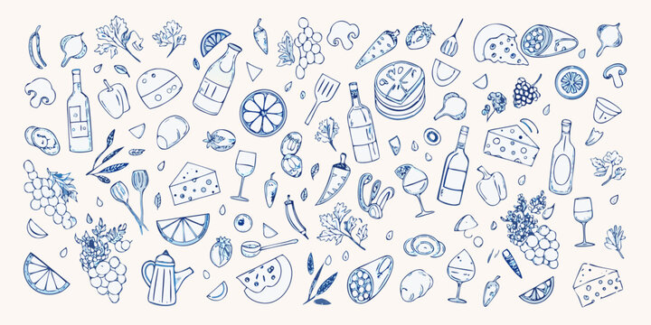 Hand drawn sketch of various food and drink items including fruits vegetables cheese and wine bottles on a light background