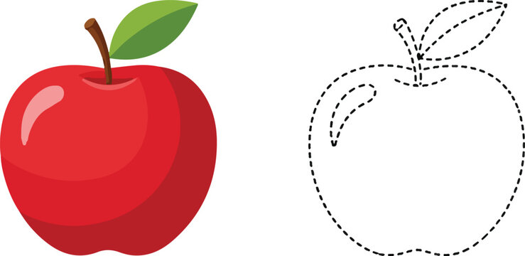 Cartoon red apple next to a dotted tracing line for educational coloring book activities isolated on white