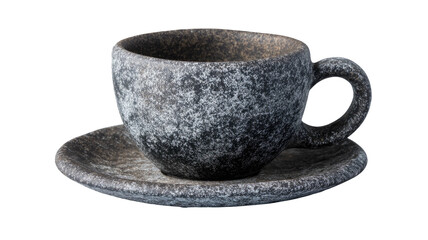 Speckled ceramic cup with curved handle and saucer on black background