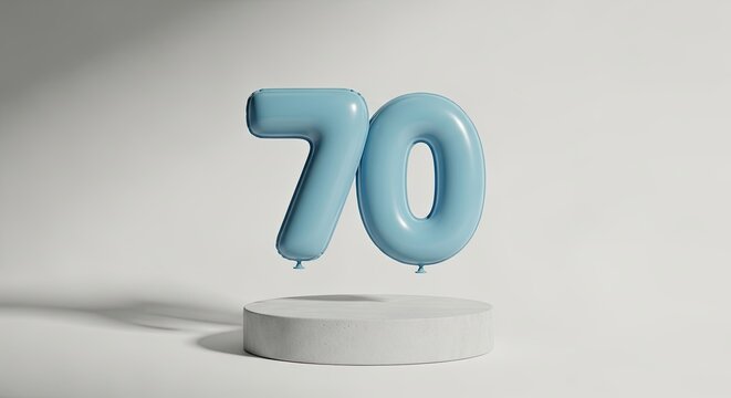 Pale Blue Number 70 Balloon Floating Above Concrete Pedestal