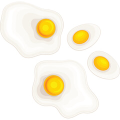 Four Fried Eggs Isolated on a Transparent Background Featuring Two Whole Sunny Side Up Eggs and Two Halved Boiled Eggs with Bright Yellow Yolks and White Egg Whites Detailed Food Illustration