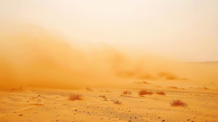 Intense sandstorm sweeping across a vast desert landscape, with swirling dust clouds, strong winds, and hazy sky, capturing the raw power of nature’s arid weather phenomenon