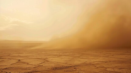 Intense sandstorm sweeping across a vast desert landscape, with swirling dust clouds, strong winds, and hazy sky, capturing the raw power of nature’s arid weather phenomenon