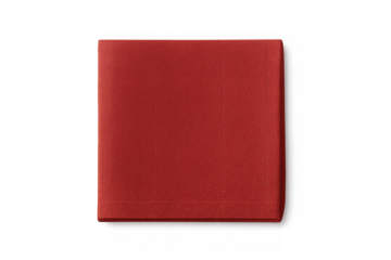 Red fabric napkin folded and isolated, representing dinnerware or kitchen textile. Top view of the square material