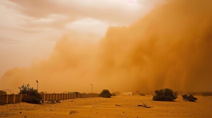 Intense sandstorm sweeping across a vast desert landscape, with swirling dust clouds, strong winds, and hazy sky, capturing the raw power of nature’s arid weather phenomenon