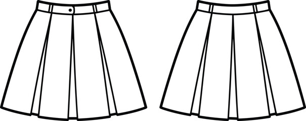 Pleated skirt illustration, front view, waistband with button, smooth waistband, structured pleats, relaxed pleats, fashion sketch, technical garment design