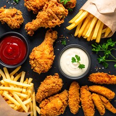 Close-up shot of crispy fried chicken pieces, french fries, and dipping sauces artfully arranged on a dark surface