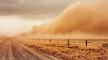 Intense sandstorm sweeping across a vast desert landscape, with swirling dust clouds, strong winds, and hazy sky, capturing the raw power of nature’s arid weather phenomenon