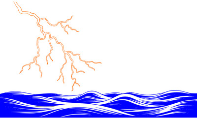 Orange lightning strike connecting with stylized blue ocean waves, dynamic weather illustration, abstract minimalist depiction of storm and water energy, isolated on white.