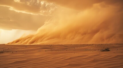 Intense sandstorm sweeping across a vast desert landscape, with swirling dust clouds, strong winds, and hazy sky, capturing the raw power of nature’s arid weather phenomenon