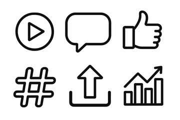 Social Media Icons. Social Media Sharing linear icon set: play button, chat bubble, like icon, hashtag, upload arrow, analytics graph.