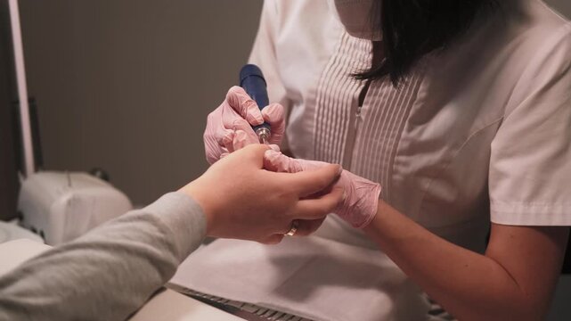 Nail care. Drill polish remover. Female manicurist hand using electric tool to cleanse old gel cover from woman finger hygiene treatment.