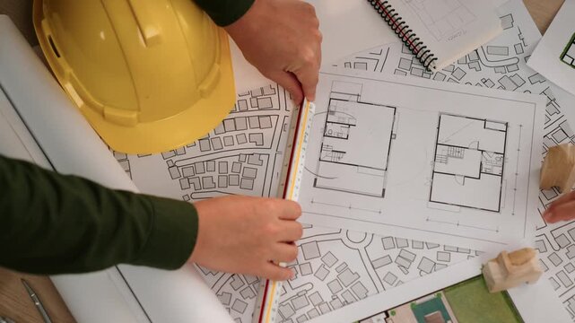 Architect and safety engineer discussion about building construction use blueprint on table with architectural document, measurement tool and wooden block scatter around at modern office. Delineation.