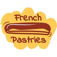 French Pastries Text Logo with Chocolate Eclair Illustration on Yellow Cloud Shape Transparent Background