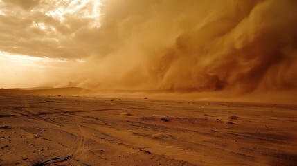 Intense sandstorm sweeping across a vast desert landscape, with swirling dust clouds, strong winds, and hazy sky, capturing the raw power of nature’s arid weather phenomenon