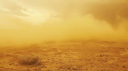 Intense sandstorm sweeping across a vast desert landscape, with swirling dust clouds, strong winds, and hazy sky, capturing the raw power of nature’s arid weather phenomenon
