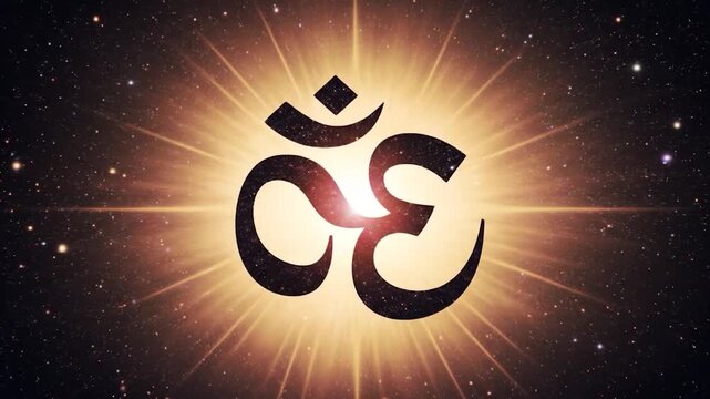 Symbol of OM with a bright light and starry background