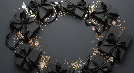 Elegant Black Gift Boxes with Gold Confetti and Ribbons Arrangement