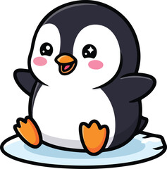 Adorable kawaii baby penguin cartoon mascot illustration sitting on ice isolated on white