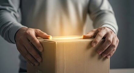 Unboxing Surprise Package Hands Opening Cardboard Box Receiving Goods