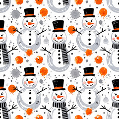 Snowman seamless pattern in playful style, black and orange colors, representing winter fun, with copy space