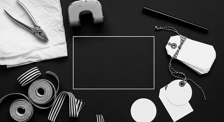 Crafting and Presentation Supplies Arrangement on Black Background