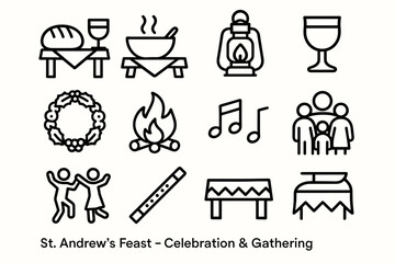 Fototapeta premium Feast Icons Celebration. St. Andrew’s Feast – Celebration & Gathering linear icon set: dinner table, bread loaf, soup bowl, lantern, goblet, festive wreath, firelight, music notes,
