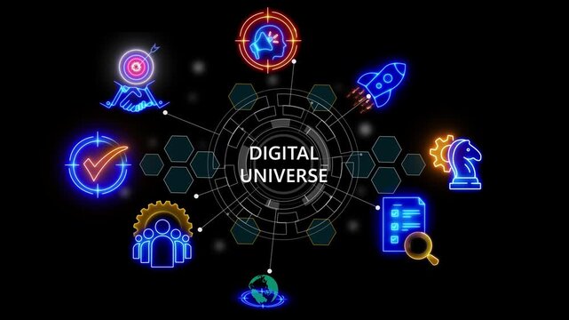 digital universe text .internet and networking concept, cube glow with and holographic futuristic technology matrix global security with digital spot light and stretch background 4k video animation - Powered by Adobe
