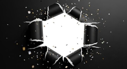 Black Paper Torn Open Revealing White Space And Confetti