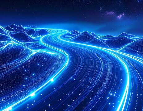 Digital rendering of a neon blue highway weaving through stylized terrain, under a starry night sky. The image evokes futuristic travel - Powered by Adobe