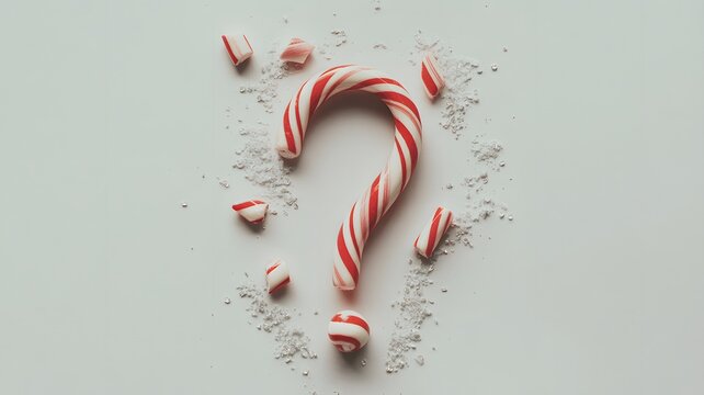 A broken candy cane arranged in the shape of a question mark on a light grey surface with scattered fragments - Powered by Adobe