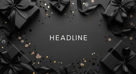 Elegant Black Gift Boxes Tied With Satin Ribbons And Confetti For Special Occasion