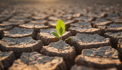 Resilient sprout emerging from cracked, dry earth, symbolizing hope and environmental challenges.